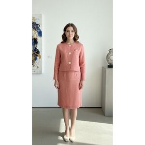 Ann Taylor Vintage 100% Linen Skirt Suit Coral Pink Cropped Jacket Set Size 6